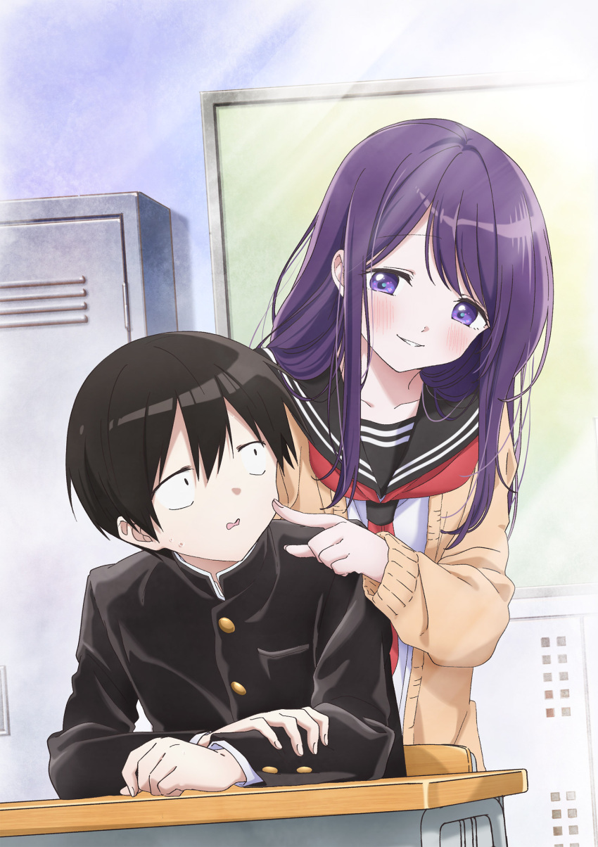 1boy, 1girl, artist_request, black_hair, blush, cheek_poking, desk, highres