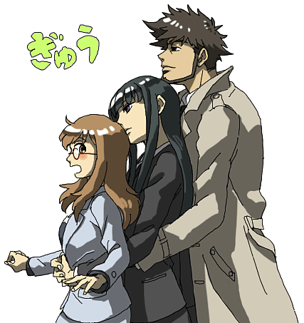 back_hug, black_hair, blush, brown_hair, coat, darker_than_black, formal, glasses