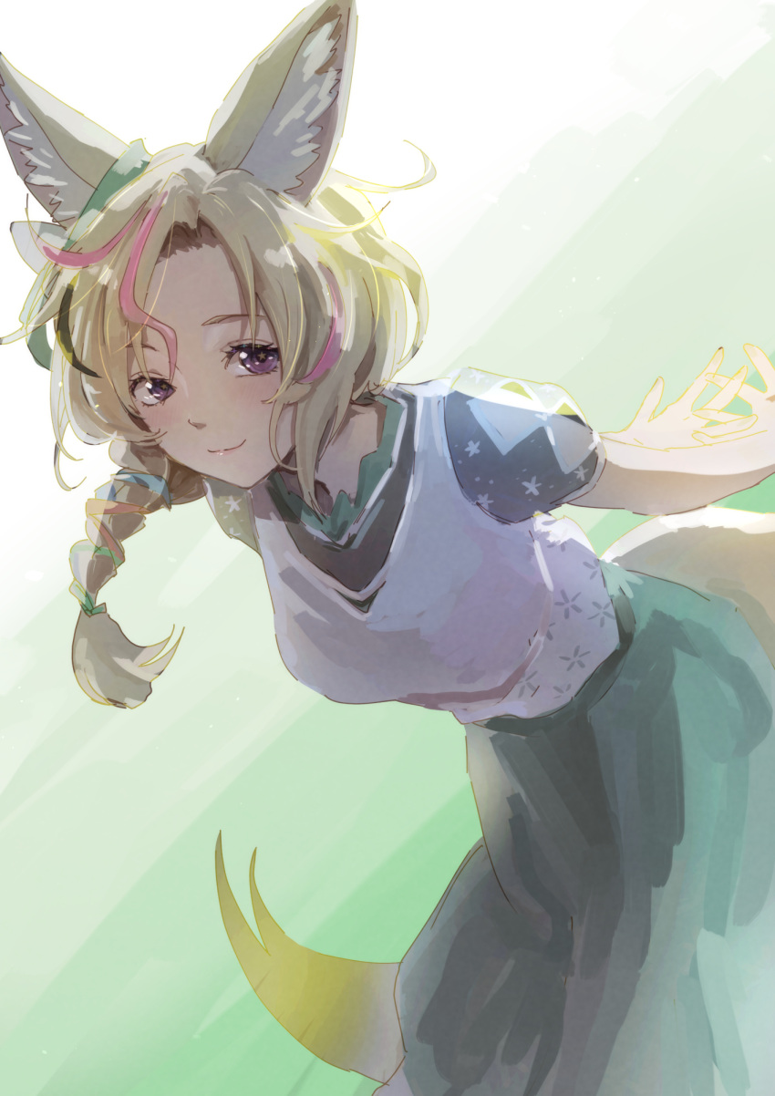 1girl, animal_ears, blonde_hair, blouse, braid, closed_mouth, fox_ears, fox_girl