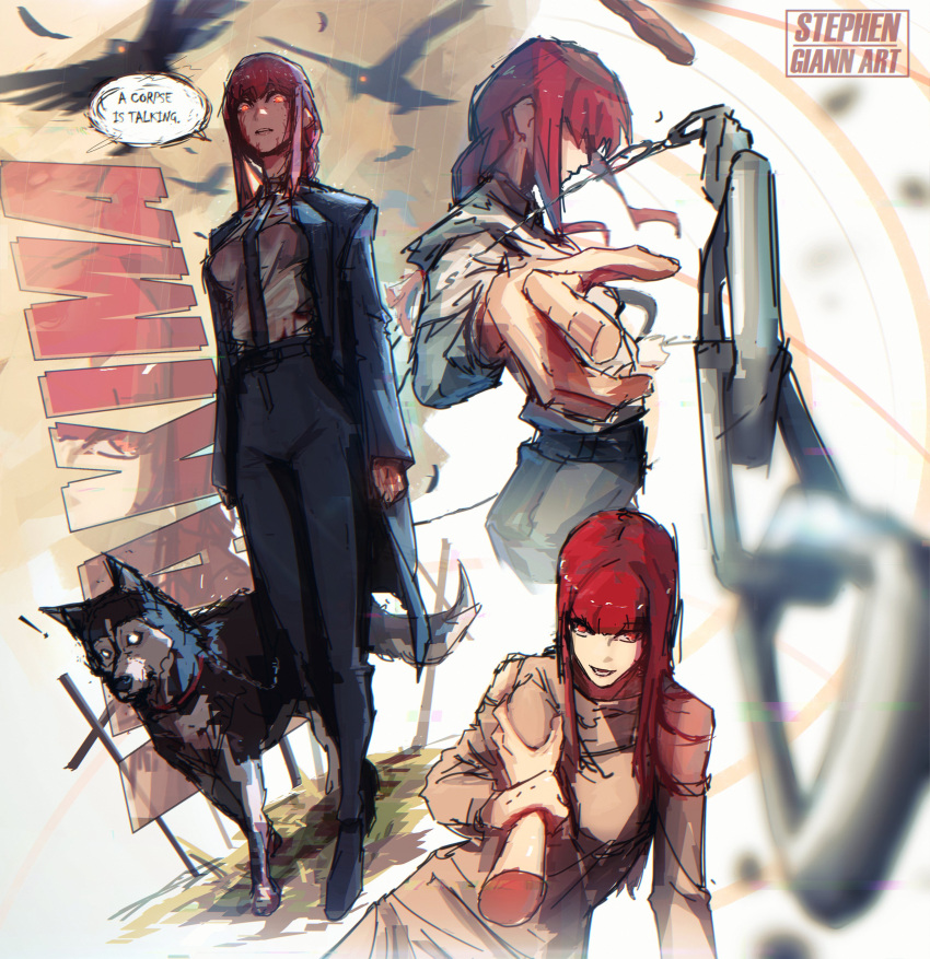 1girl, absurdres, artist_name, bangs, black_coat, black_footwear, black_necktie, black_pants, blood, blood_on_clothes, blood_on_face, braid, braided_ponytail, breast_grab, brown_dress, chain, chainsaw_man, character_name, coat, collared_shirt, dress, formal, glowing, glowing_eyes, grabbing, guided_breast_grab, guiding_hand, highres, husky, looking_at_viewer, looking_to_the_side, makima_(chainsaw_man), medium_hair, necktie, open_mouth, pants, pointing, pointing_at_viewer, red_eyes, redhead, shirt, shirt_tucked_in, sidelocks, smile, speech_bubble, stephengiannart, suit, tombstone, walking, white_shirt, yellow_eyes