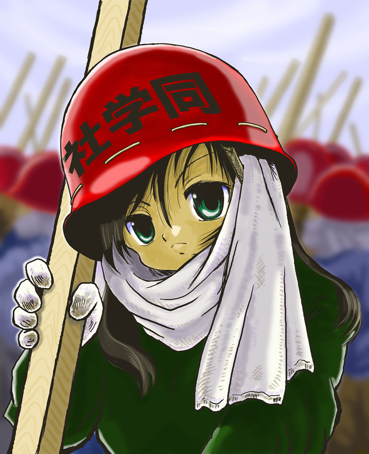 1girl, black_hair, blurry, blurry_background, commentary_request, crowd, gakusei_undou, gloves