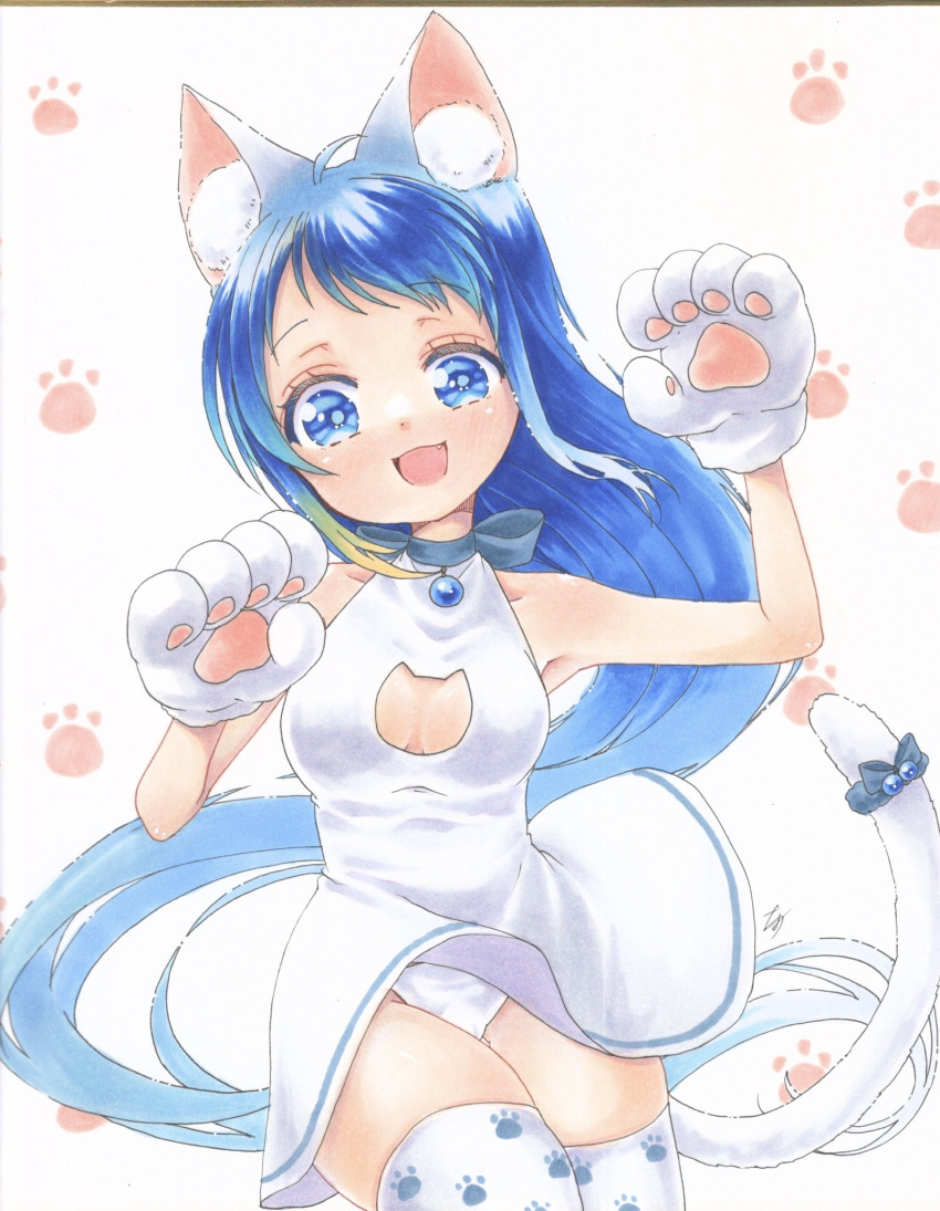 animal_ears, animal_hands, blue_eyes, blue_hair, breasts, cat_cutout, cat_ears, cat_paw