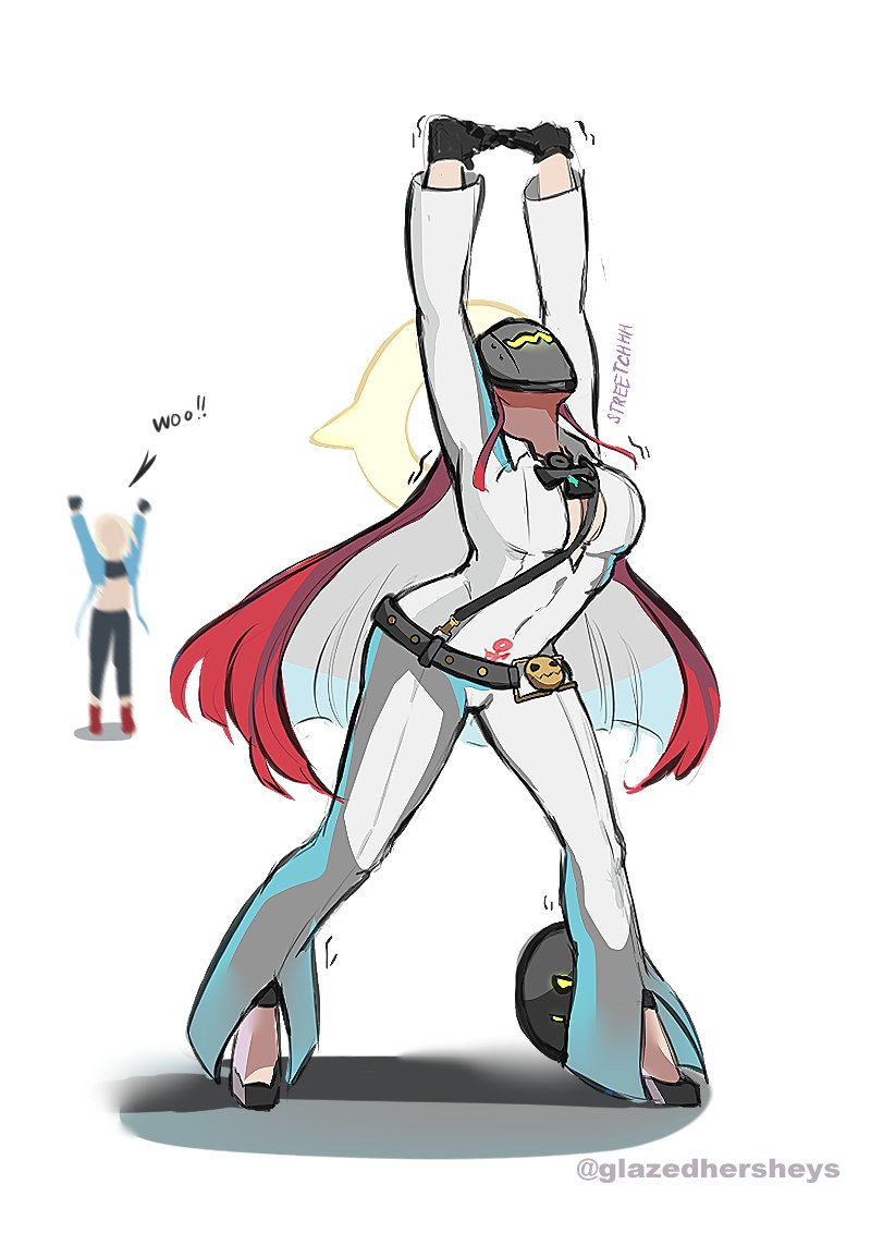2girls, ankh, ankh_necklace, arms_up, ball_and_chain_restraint, bell-bottoms, belt, between_breasts