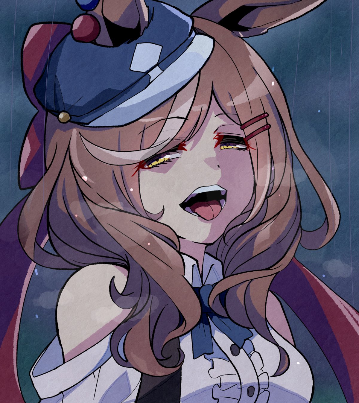 1girl, animal_ears, brown_hair, commentary_request, hair_ornament, hairclip, heavy_breathing, highres