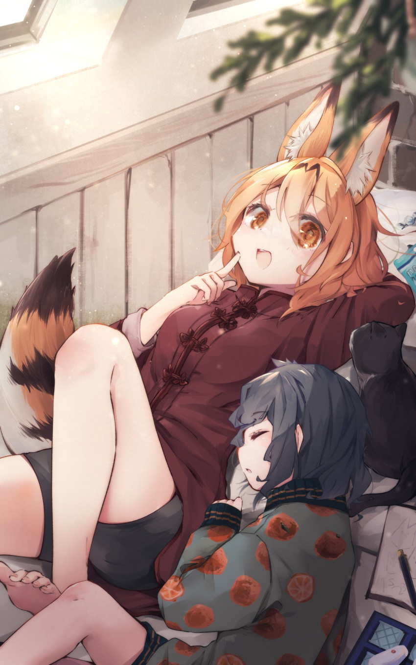 2girls, animal_ears, bare_shoulders, barefoot, black_hair, black_shorts, blonde_hair, blush