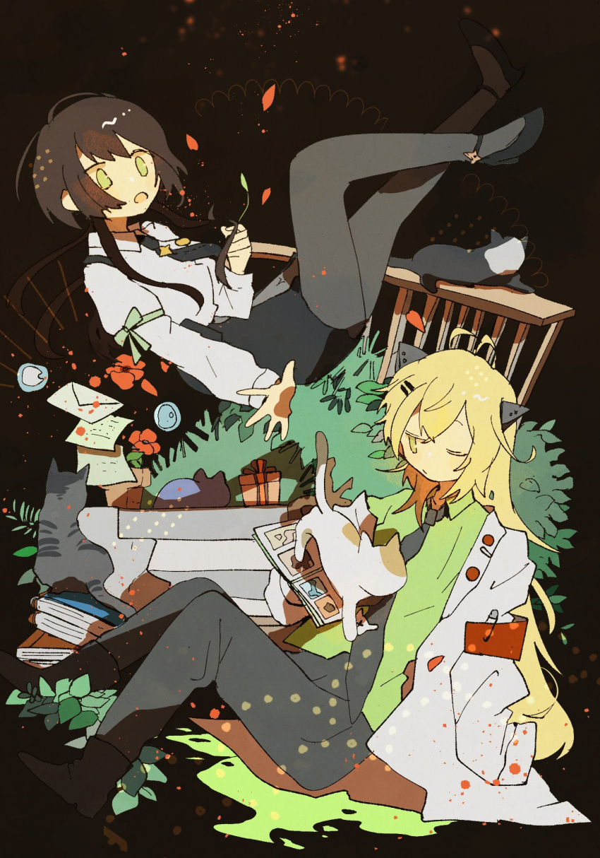 1boy, 1girl, anemone_(flower), black_cat, black_necktie, black_skirt, blonde_hair, brown_background