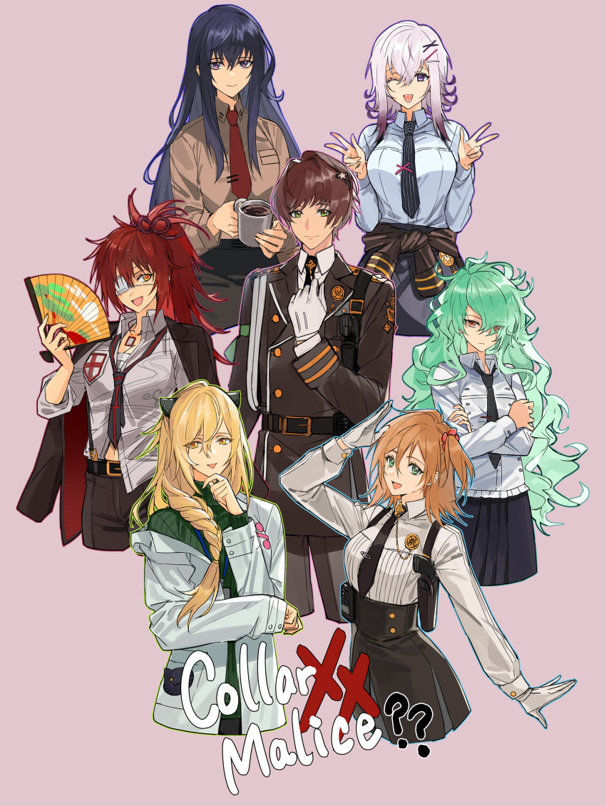 1boy, 6+girls, absurdres, aqua_hair, blonde_hair, brown_hair, cezaria, collar_x_malice