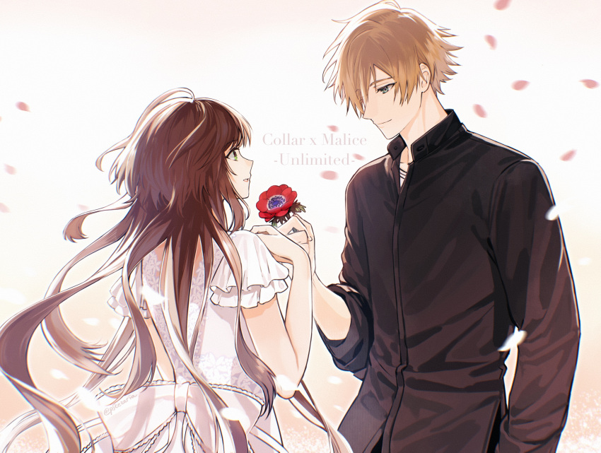 1boy, 1girl, anemone_(flower), black_shirt, blonde_hair, brown_hair, cezaria, collar_x_malice