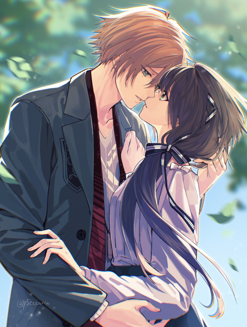1boy, 1girl, absurdres, black_skirt, blonde_hair, blue_sky, brown_hair, cezaria