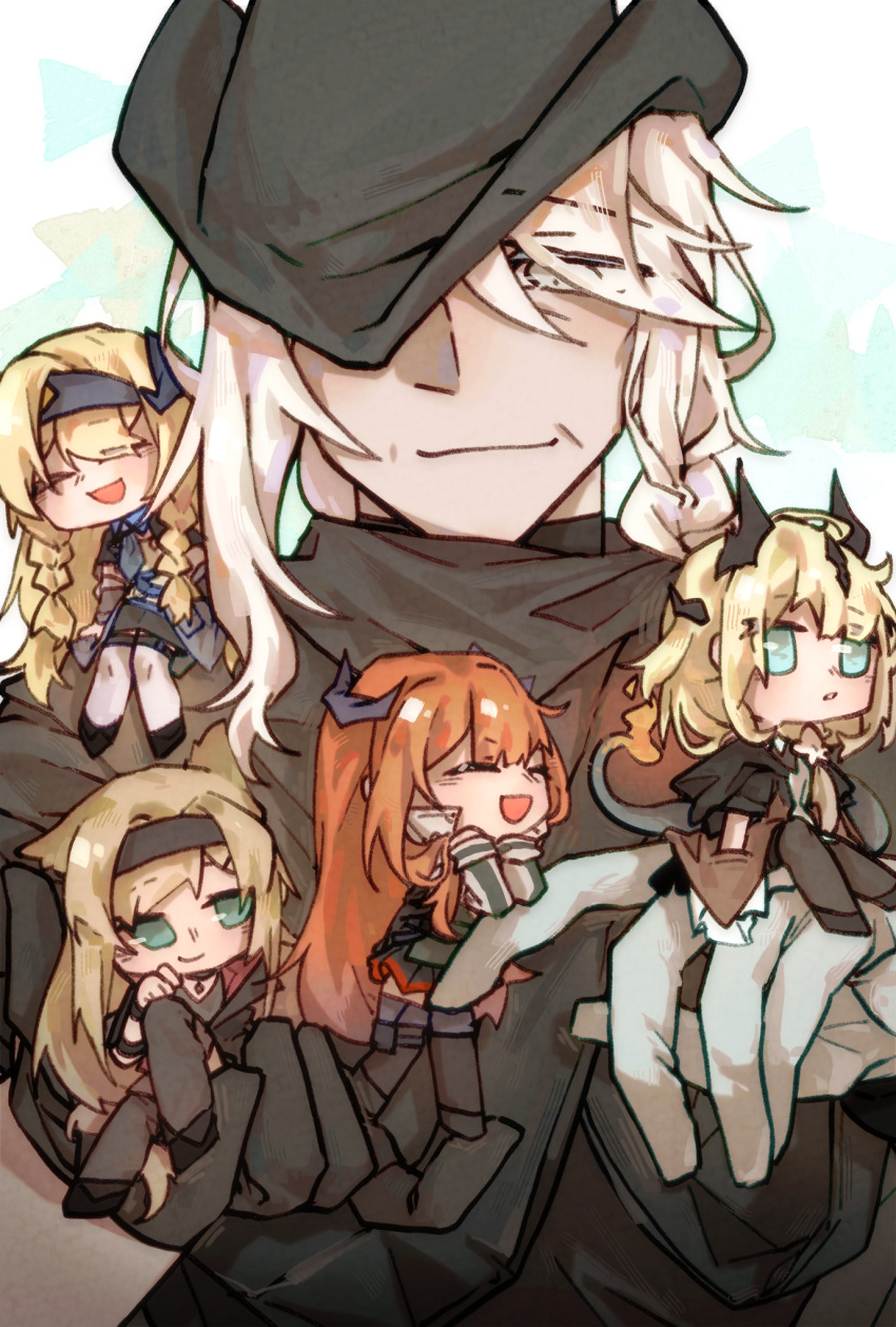 5girls, :d, ^_^, arknights, bagpipe_(arknights), bangs, black_footwear, black_headwear
