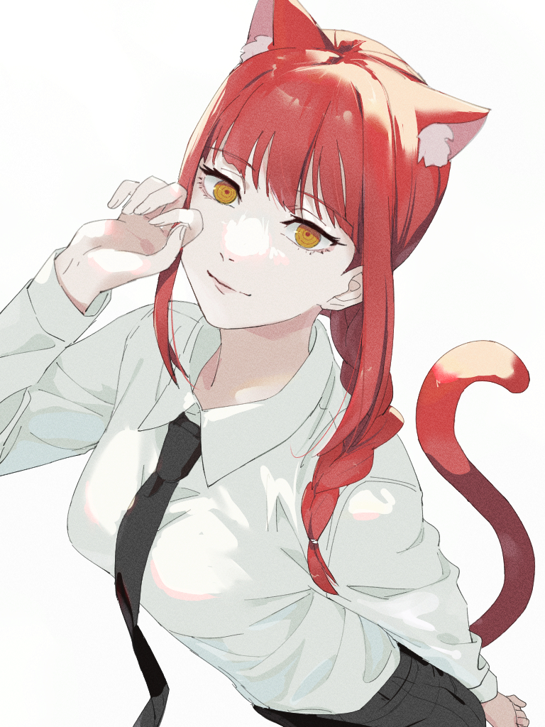 1girl, animal_ears, bangs, black_necktie, black_pants, braid, braided_ponytail, cat_day, cat_ears, cat_tail, chainsaw_man, collared_shirt, hair_over_shoulder, ikanyoikanikan, looking_at_viewer, makima_(chainsaw_man), medium_hair, necktie, pants, paw_pose, red_tail, redhead, ringed_eyes, shirt, shirt_tucked_in, sidelocks, simple_background, solo, tail, white_background, white_shirt, yellow_eyes