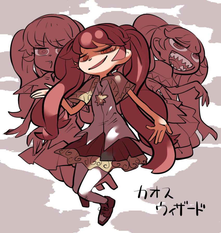 1girl, @_@, bangs, capelet, chaos_wizard, character_name, evil_smile, fang