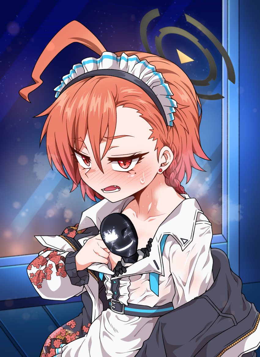 1girl, absurdres, apron, blue_archive, blue_necktie, devil_yanghyeok, halo, highres, jacket, maid, maid_apron, maid_headdress, necktie, neru_(blue_archive), orange_eyes, orange_hair, shirt, sukajan, white_shirt