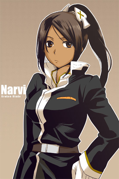 1girl, bad_id, break_blade, brown_eyes, brown_hair, coat, dark_skin, female
