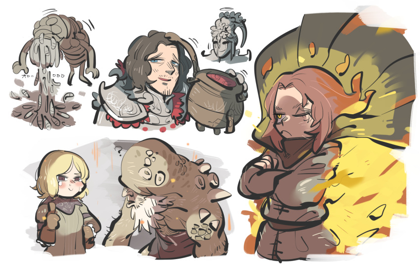 1other, 2girls, 4boys, ?, armor, bangs, beard, belt