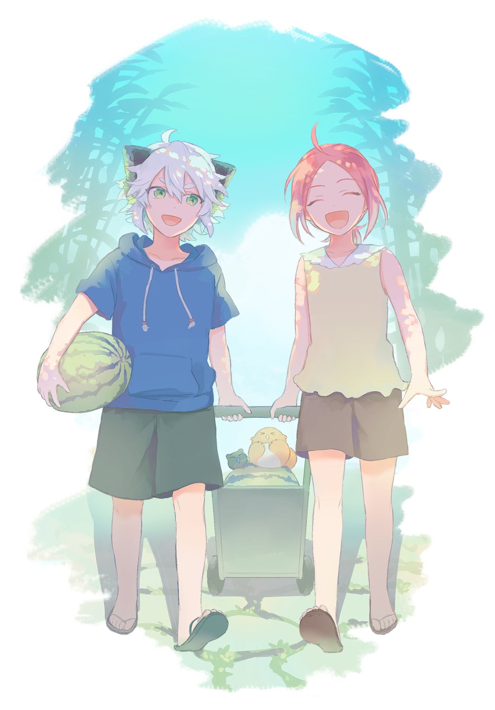 1boy, 1girl, animal_ears, bidiu_(the_legend_of_luoxiaohei), black_shorts, blue_hoodie, cat_boy, cat_ears