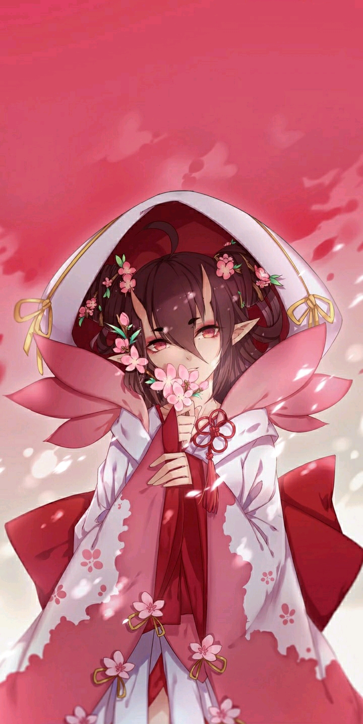 1girl, ahoge, brown_hair, demon_girl, floral_print, flower, flower_knot, hair_between_eyes, hair_flower, hair_ornament, highres, horns, japanese_clothes, kimono, light_rays, long_sleeves, looking_at_viewer, momo_no_sei_(onmyoji), oni_horns, onmyoji, pink_flower, pointy_ears, red_eyes, sash, smile, solo, tassel, wide_sleeves, yanmoyue73404