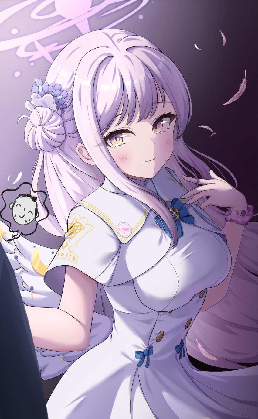 1girl, arona's_sensei_doodle_(blue_archive), blue_archive, blue_ribbon, deriolet, dress, halo, highres