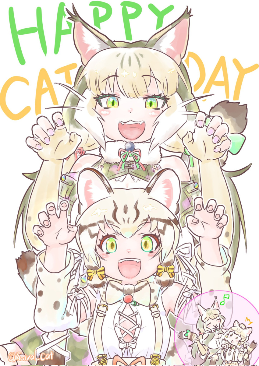 2girls, animal_ears, bow, bowtie, cat_ears, cat_girl, cat_tail, elbow_gloves
