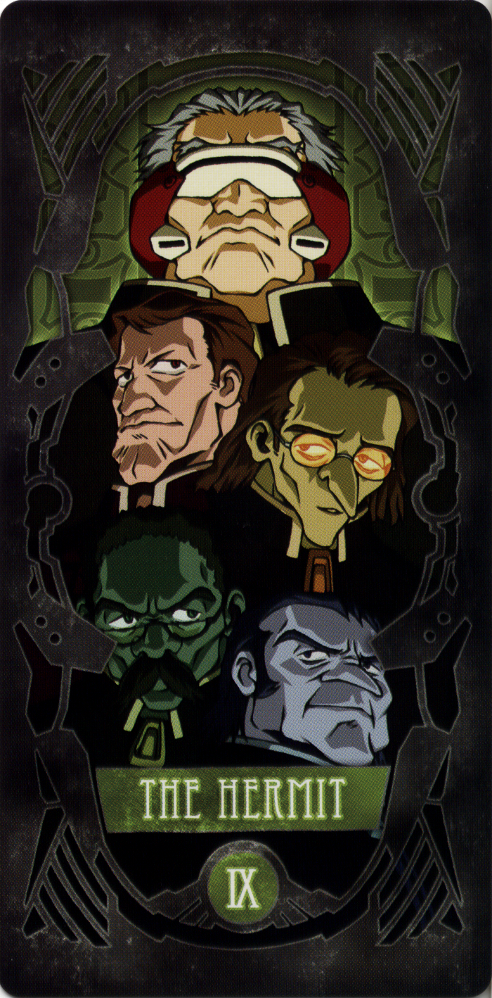 5boys, artist_request, black_eyes, black_hair, brown_eyes, brown_hair, card_(medium), closed_mouth, facial_hair, glasses, grey_hair, highres, keel_lorenz, long_nose, male_focus, multiple_boys, mustache, neon_genesis_evangelion, non-web_source, parted_lips, scan, scan_artifacts, seele, short_hair, source_request, tarot, the_hermit_(tarot), tinted_eyewear