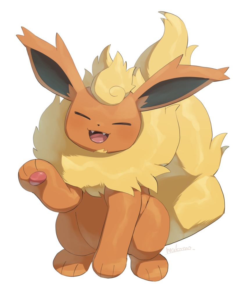 closed_eyes, fangs, flareon, fluffy, full_body, highres, makoto_ikemu, no_humans