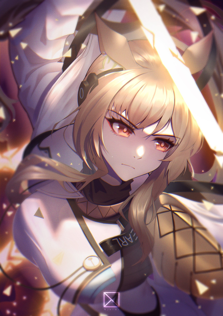 absurdres, animal_ear_fluff, animal_ears, arknights, armor, artist_name, blonde_hair, breasts
