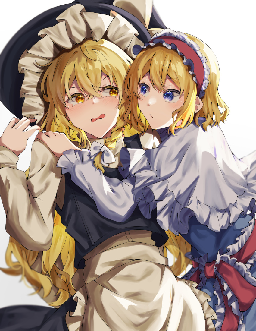 2girls, alice_margatroid, apron, black_dress, black_headwear, blonde_hair, blue_dress, blue_eyes