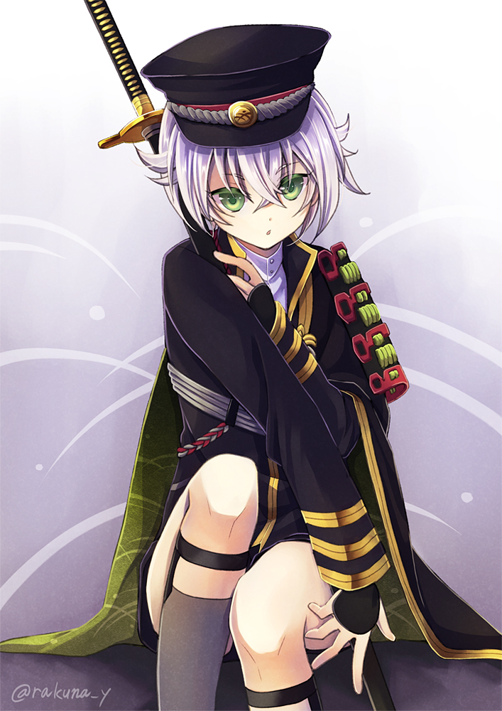 1boy, armor, black_socks, green_eyes, grey_background, hair_between_eyes, hat, holding