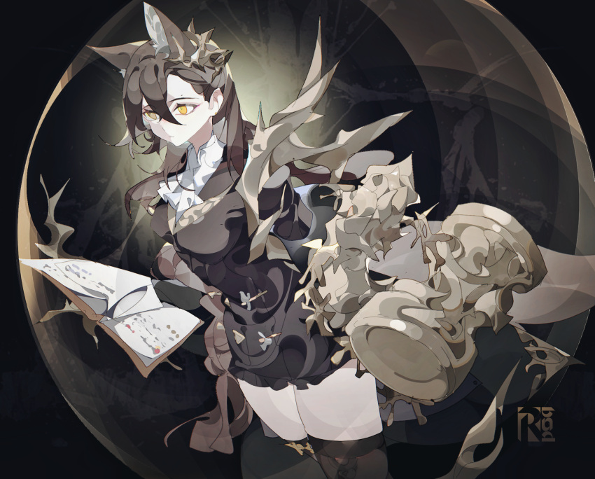 1girl, animal_ears, arknights, ascot, black_background, black_jacket, black_thighhighs, book, braid, brown_hair, extra_ears, eyebrow_piercing, hair_between_eyes, hammer, highres, holding, holding_book, jacket, long_hair, open_book, penance_(arknights), piercing, rai_(97417), simple_background, solo, thigh-highs, very_long_hair, wolf_ears, wolf_girl, yellow_eyes