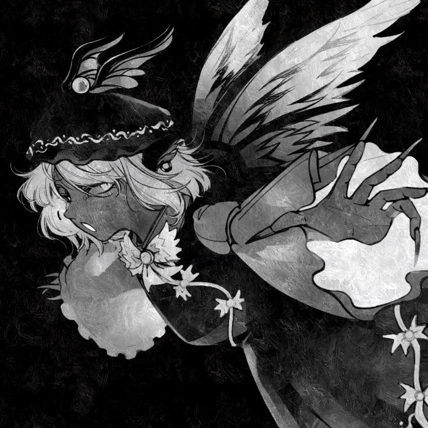 1girl, animal_ears, bird_ears, bird_wings, dress, earrings, fingernails, greyscale