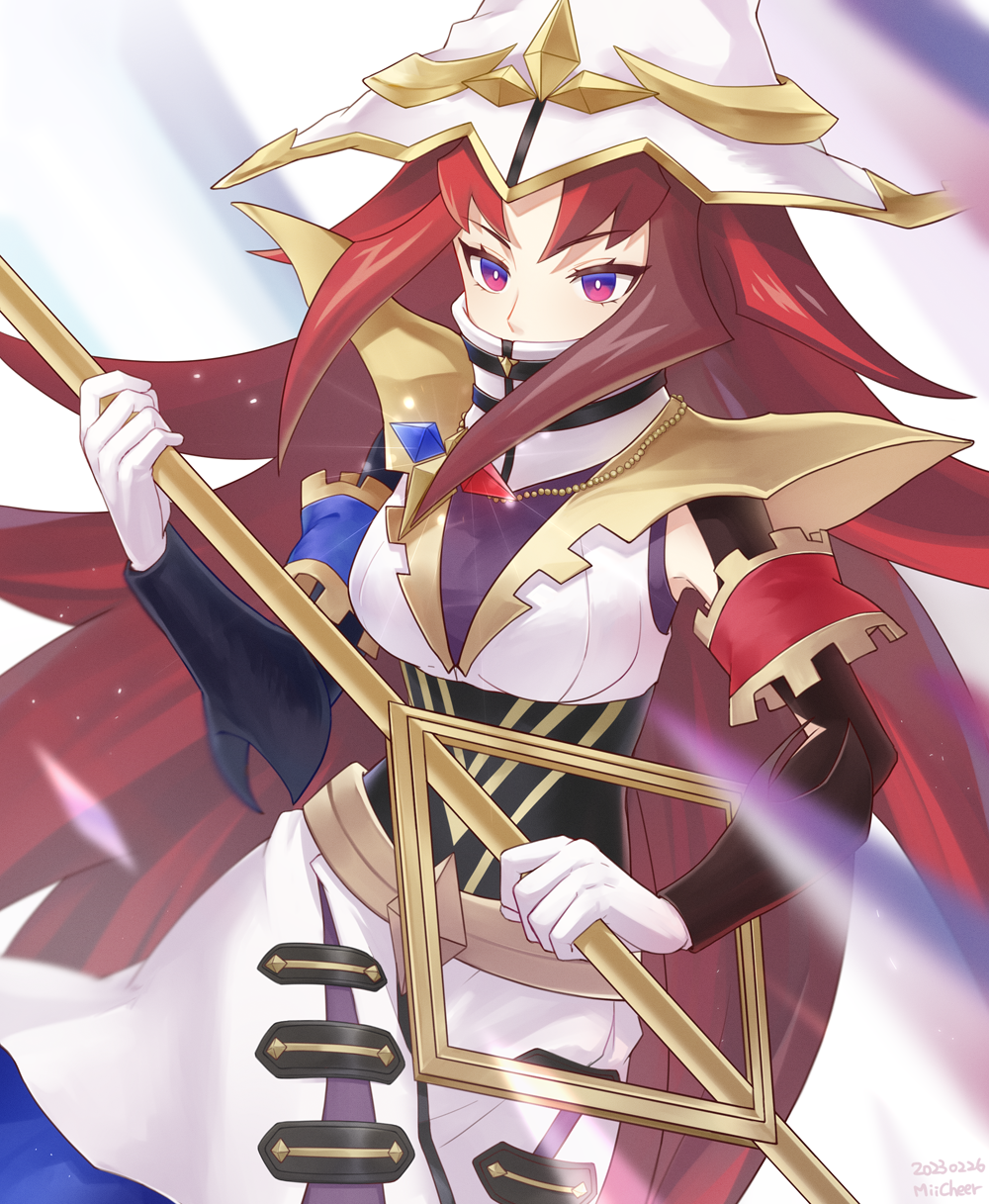1girl, beyond_the_pendulum, breasts, duel_monster, gloves, gradient_eyes, hat, highres, large_breasts, long_hair, miicheer, multicolored_eyes, red_eyes, redhead, solo, staff, turtleneck, very_long_hair, violet_eyes, witch_hat, yu-gi-oh!