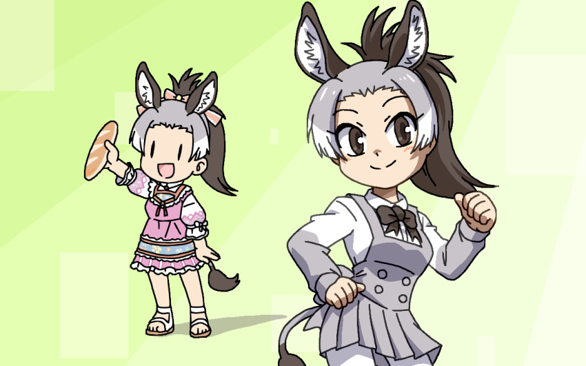 1girl, :d, animal_ears, arm_at_side, arm_up, black_bow, black_bowtie, black_hair