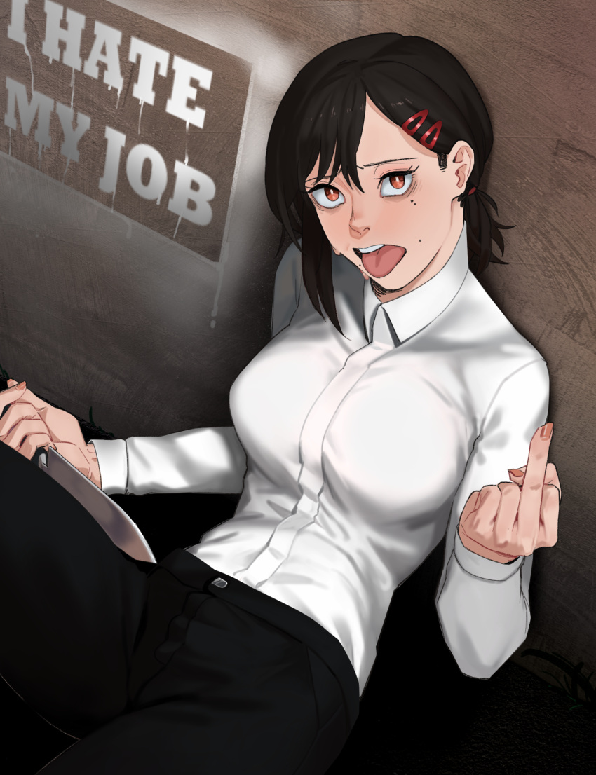 1girl, black_hair, blush, breasts, chainsaw_man, english_text, hair_ornament, hairclip