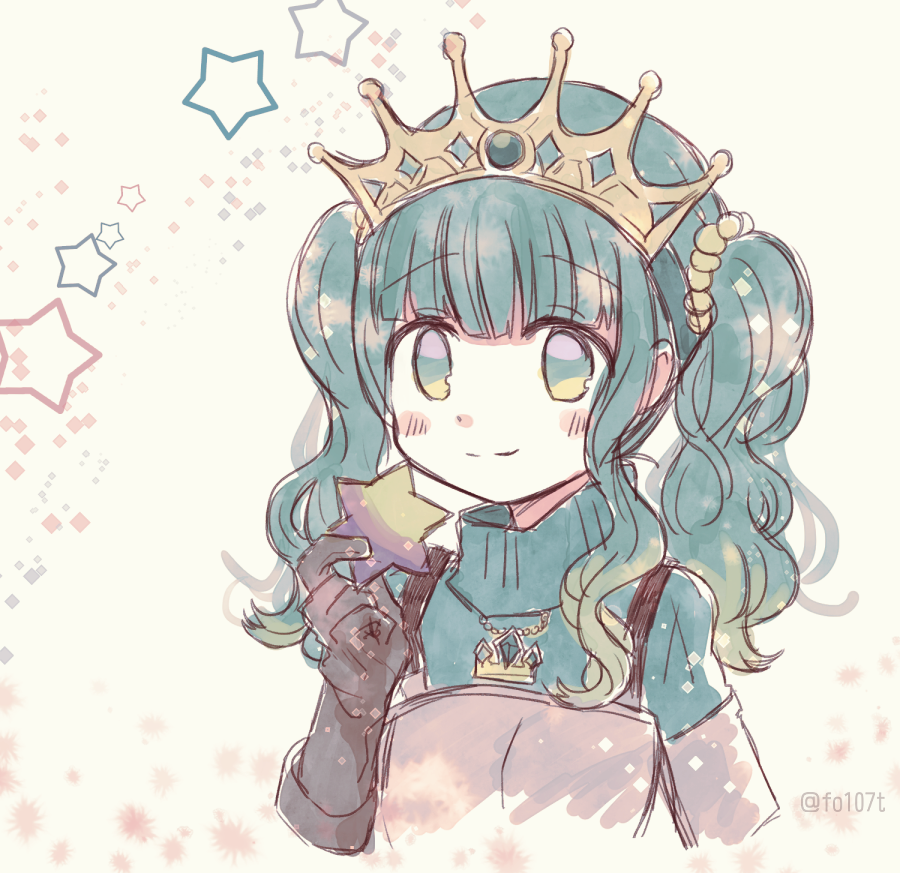 1girl, aqua_eyes, aqua_hair, aqua_sweater, arm_at_side, armor, bangs, blunt_bangs, blush, breastplate, brown_gloves, closed_mouth, cropped_torso, crown, crown_necklace, dot_nose, fold-over_gloves, futaba_sana, gem, gloves, green_eyes, green_gemstone, hand_up, hexagram, holding, holding_star, jewelry, magia_record:_mahou_shoujo_madoka_magica_gaiden, magical_girl, mahou_shoujo_madoka_magica, medium_hair, necklace, portrait, ribbed_sweater, sidelocks, smile, solo, sparkle, split_mouth, star_(symbol), sweater, totte, turtleneck, turtleneck_sweater, twintails, wavy_hair