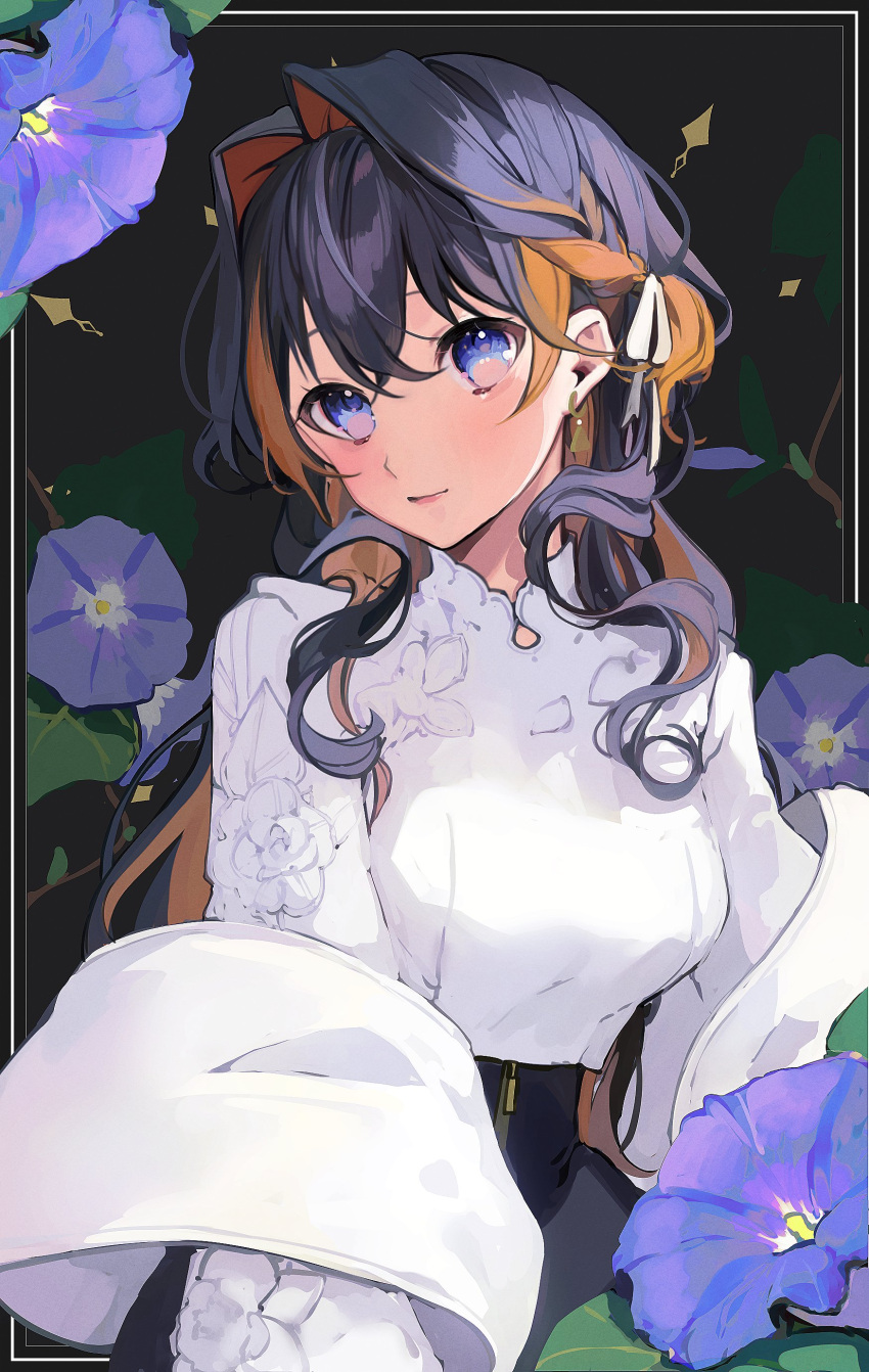 1girl, absurdres, bangs, black_hair, black_pants, blue_eyes, blue_flower, braid