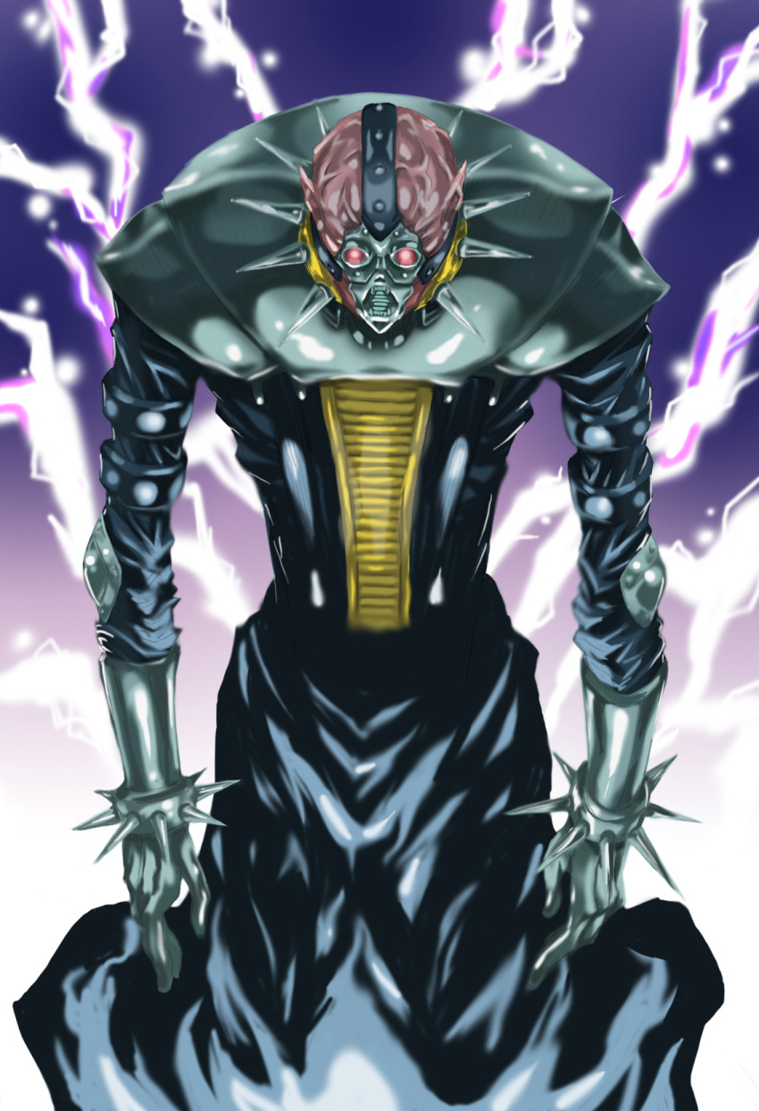 bad_id, electricity, highres, jinzo_(yu-gi-oh!), jinzo_(yuu-gi-ou), koutetsu_(pixiv418948), no_humans, spikes, yu-gi-oh!, yuu-gi-ou, yuu-gi-ou_duel_monsters