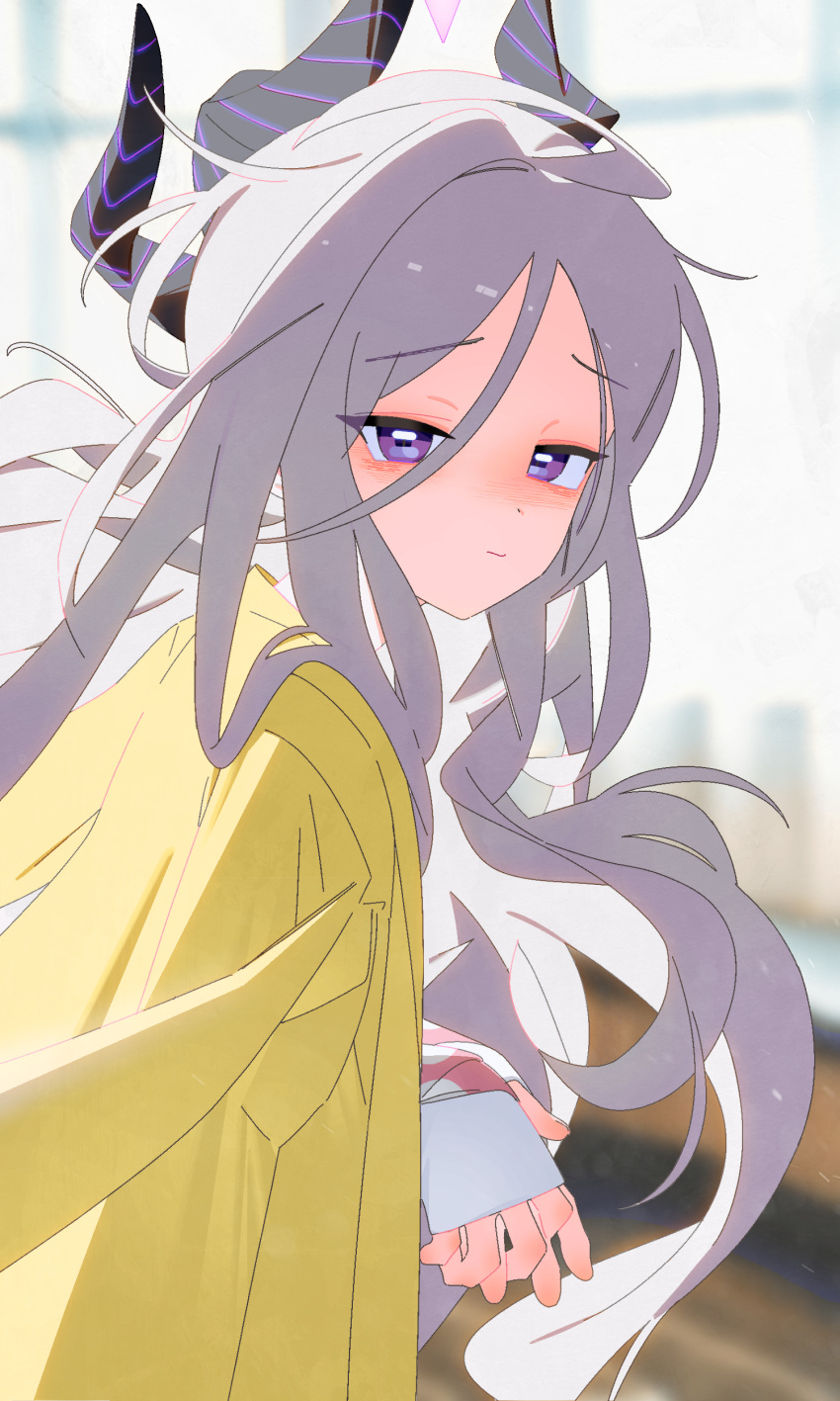 1girl, absurdres, bags_under_eyes, blue_archive, blurry, blurry_background, bm_tol, curled_horns
