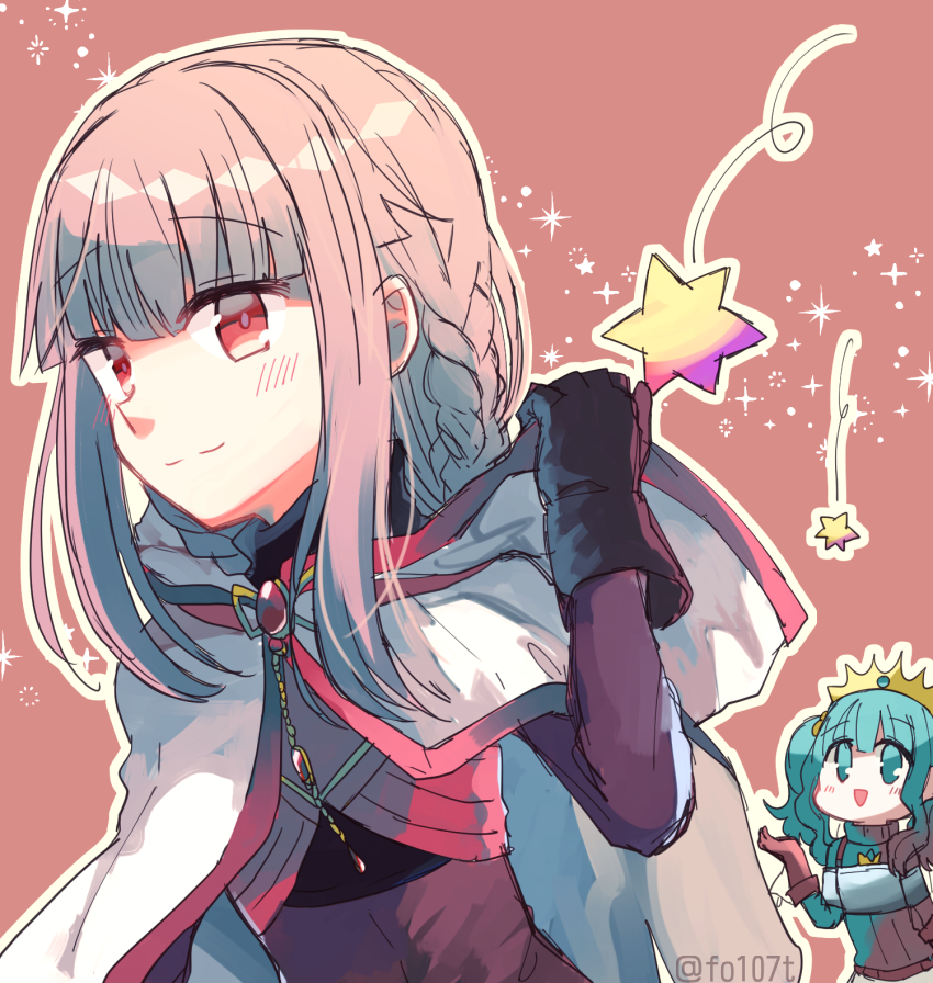 2girls, :d, aqua_hair, aqua_sweater, arm_at_side, armor, bangs, belt