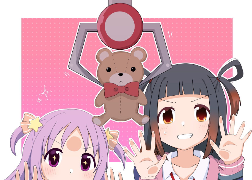 2girls, bangs, black_hair, blunt_bangs, blush, crane_game, gradient_hair, hair_ornament