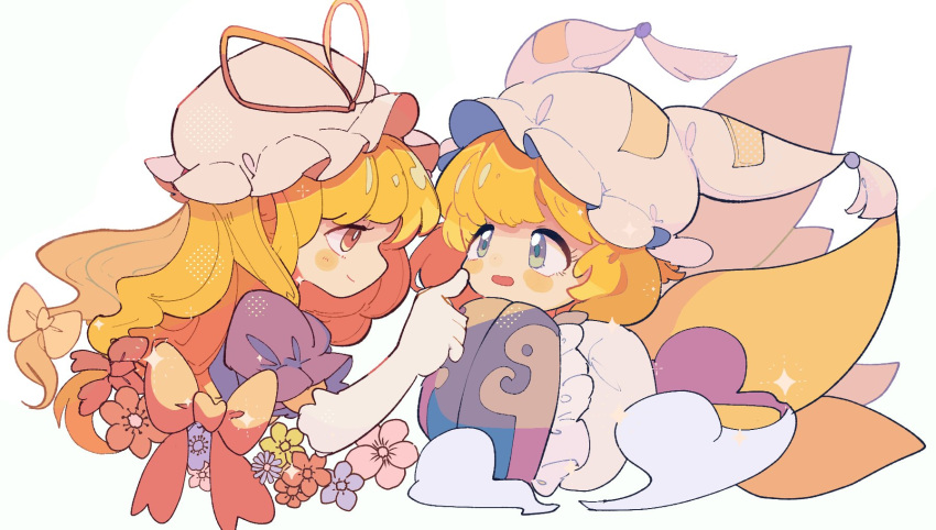 2girls, animal_ears, blonde_hair, dress, elbow_gloves, flower, fox_ears, fox_tail, gloves, grey_eyes, hands_in_opposite_sleeves, hat, hat_ribbon, highres, long_hair, mob_cap, multiple_girls, multiple_tails, orange_flower, pink_flower, puffy_short_sleeves, puffy_sleeves, purple_dress, purple_flower, red_ribbon, ribbon, rune066, short_hair, short_sleeves, simple_background, sleeves_past_fingers, sleeves_past_wrists, tail, touhou, white_background, white_gloves, white_headwear, wide_sleeves, yakumo_ran, yakumo_yukari, yellow_eyes, yellow_flower