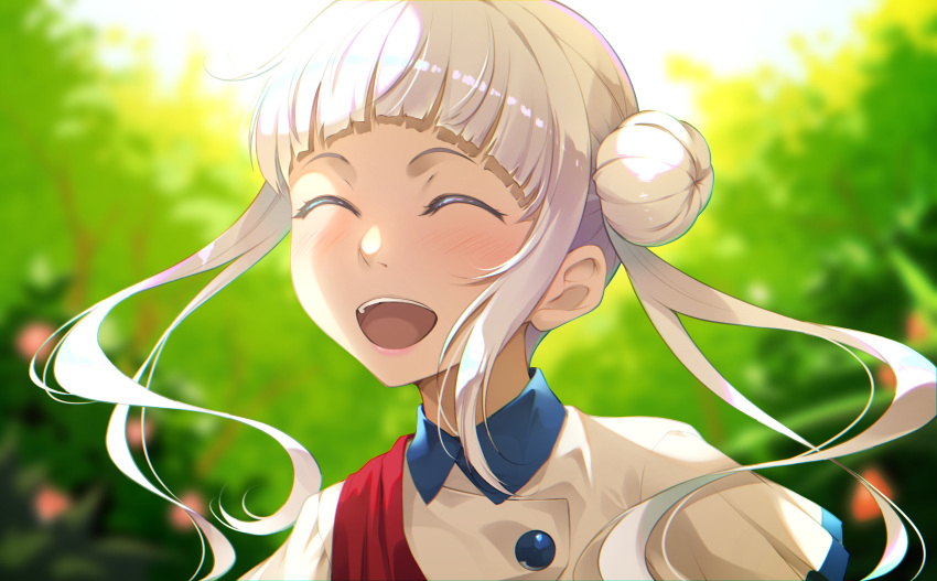 1girl, arashi_chisato, bangs, blush, bush, closed_eyes, commentary, double_bun