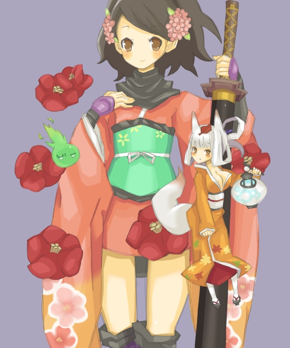 2gilrs, animal_ears, artist_request, black_hair, blush, breasts, brown_eyes, cleavage, flower, fox_ears, fox_tail, hair_flower, hair_ornament, hair_up, hitodama, japanese_clothes, jinkuro, katana, kimono, kongiku, lantern, large_breasts, leaf, leaf_on_head, long_hair, momohime, multiple_girls, obi, oboro_muramasa, oboro_muramasa_youtouden, orange_eyes, ponytail, short_kimono, silver_hair, smile, sword, tail, thigh-highs, thighhighs, tsukiya_(03212014), vanillaware, weapon