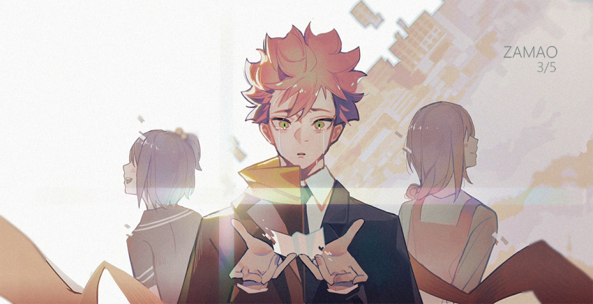 1boy, 2girls, apron, black_hair, black_necktie, crying, crying_with_eyes_open, dated