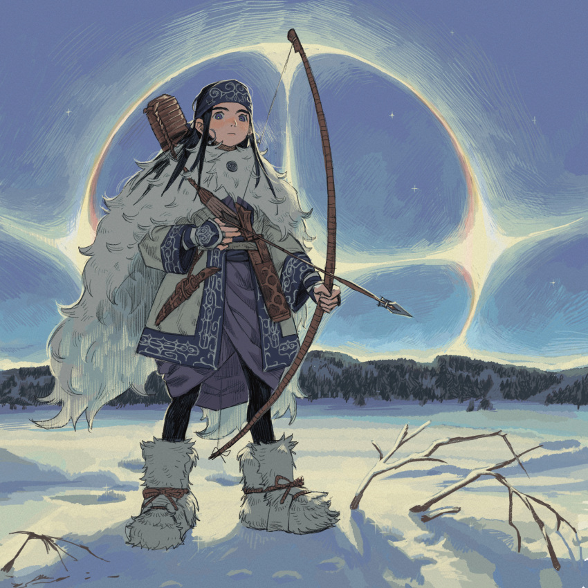 1girl, absurdres, ainu_clothes, asirpa, bandana, black_hair, blue_eyes, blue_sky