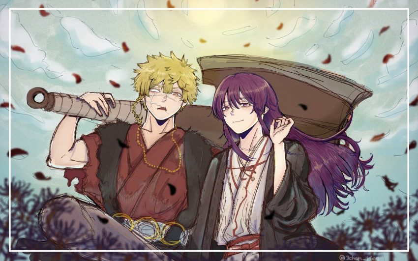 2boys, 3chan_rice, axe, aza_choubei, aza_touma, bangs, bead_necklace, beads
