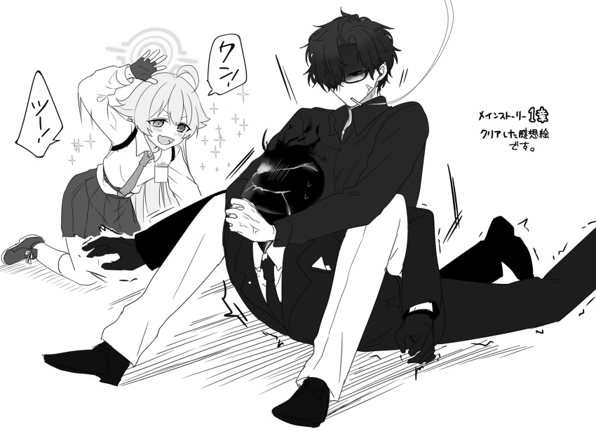 1girl, 2boys, ahoge, anger_vein, black_suit, black_suit_(blue_archive), blue_archive, camel_clutch