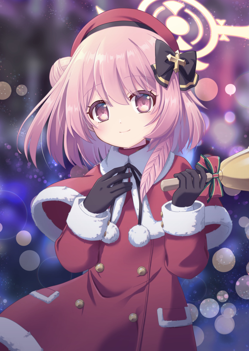 1girl, black_gloves, black_ribbon, blue_archive, feather_hair, gloves, halo, handbell