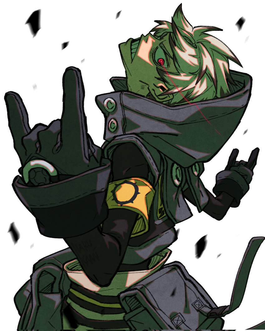 1boy, \n/, belt_pouch, colored_tips, debris, eye_trail, gachiakuta, gloves