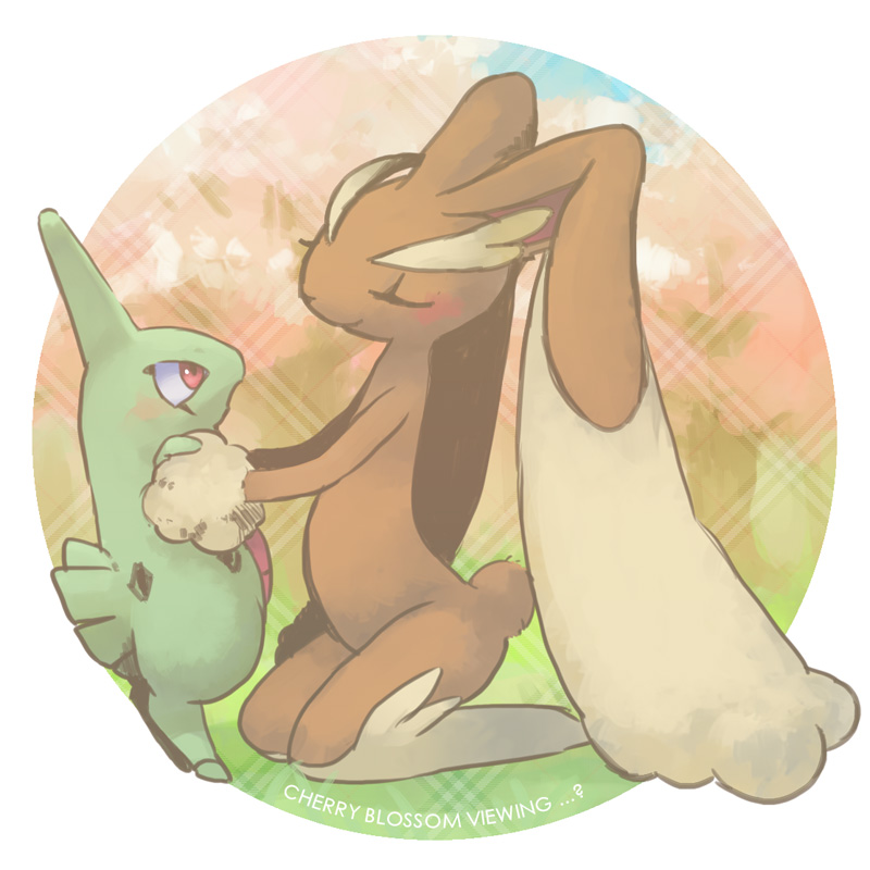 blush, closed_eyes, couple, english, grass, height_difference, kneeling, larvitar, lopunny, no_humans, pokemon, pokemon_(creature), red_eyes, size_difference, tree, twintails, yorozuyo