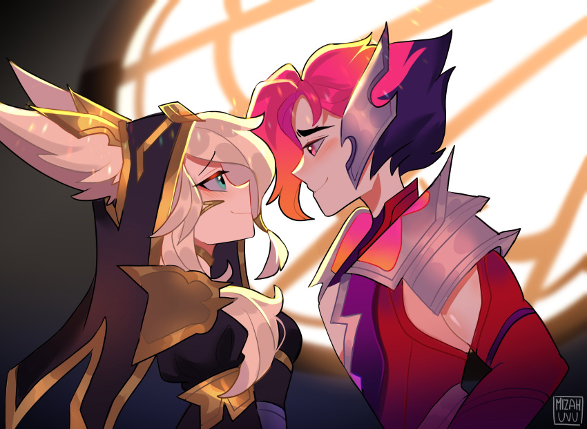 1boy, 1girl, absurdres, animal_ears, armor, artist_name, bangs, black_dress, black_hair, black_veil, blonde_hair, blurry, blurry_background, blush, broken_covenant_rakan, broken_covenant_xayah, closed_mouth, cmilse, dress, eye_contact, fox_ears, green_eyes, highres, league_of_legends, long_hair, long_sleeves, looking_at_another, mizah_(mizah), multicolored_hair, pink_hair, rakan_(league_of_legends), red_eyes, red_shirt, shiny_skin, shirt, shoulder_plates, smile, two-tone_hair, upper_body, xayah